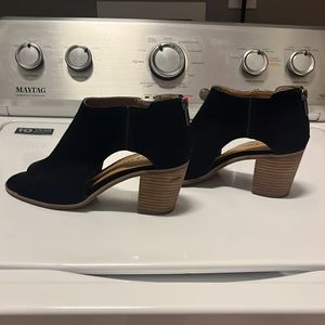 Lucky Brand black leather upper peek a boo toe bootie. Warn once, like new.